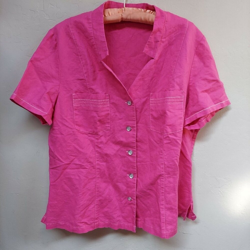 Christine Laure Womens Button Down Shirt Size T3 Pink Short Sleeve Linen Cotton